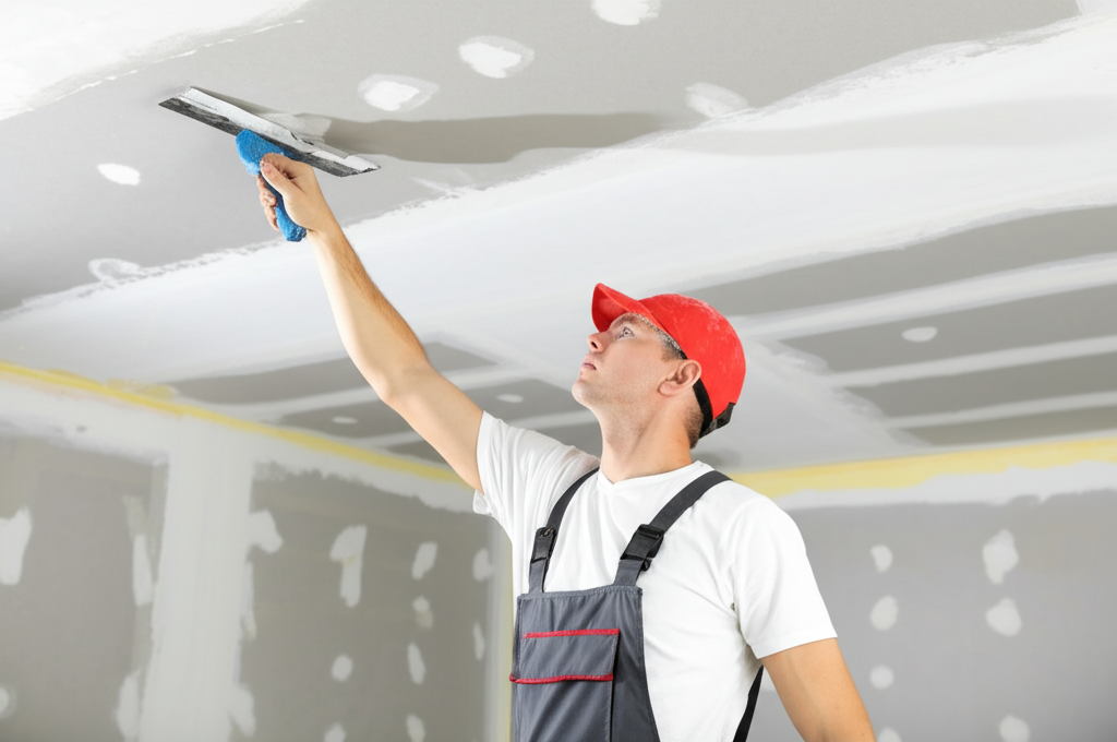Professional repairing damaged ceiling drywall