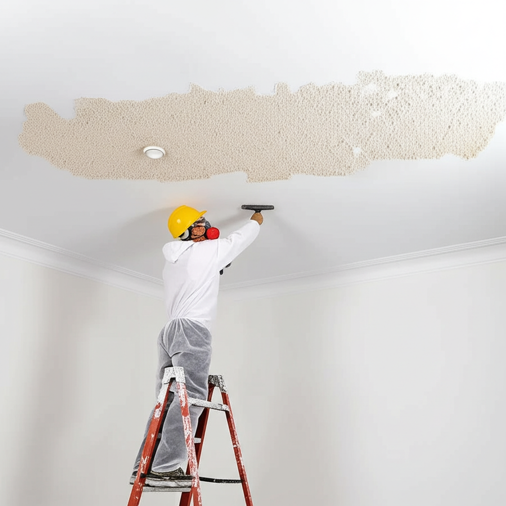 Worker carefully removing popcorn ceiling texture